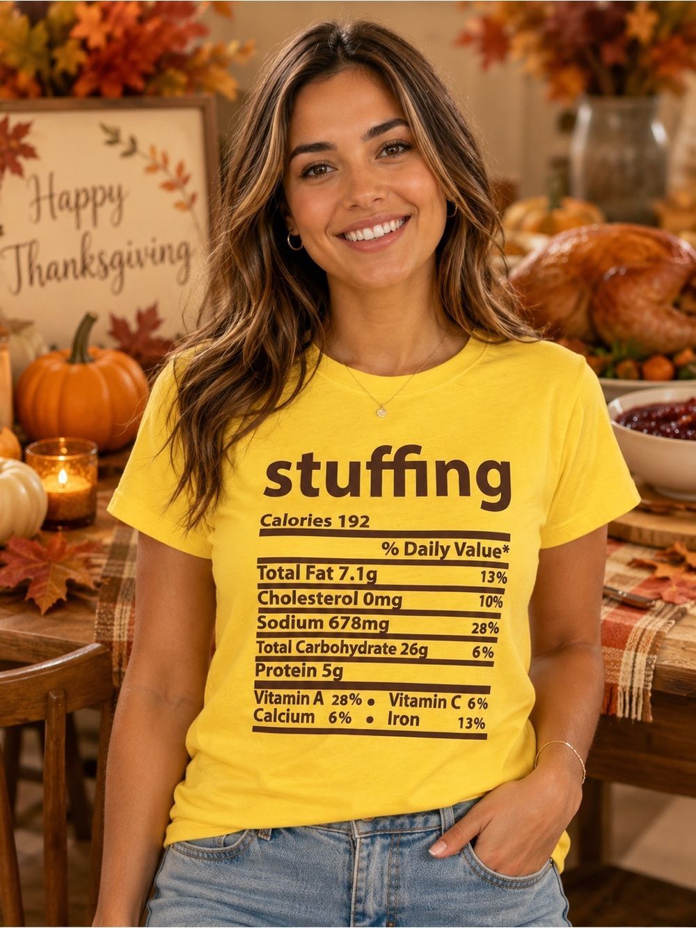 Port & Company Stuffing Thanksgiving Graphic T-Shirt Yellow Ladies Unisex Large
